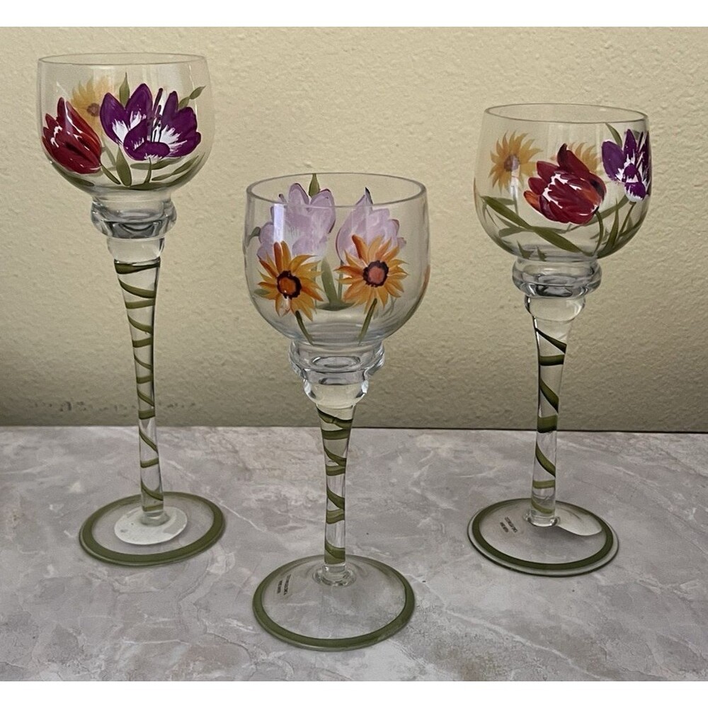 Terra Hand-Painted Mini Floral Hurricanes or Wine Glasses Set Of 3 Candle Holder - Picture 2 of 10